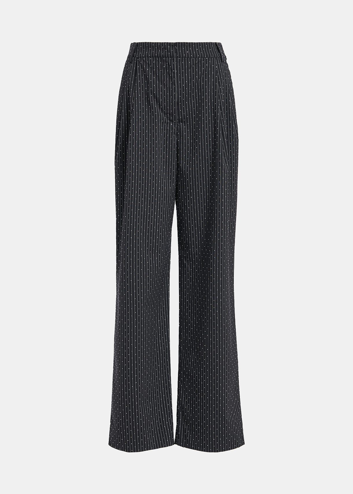 Navy blue pinstriped pants with rhinestone embellishments