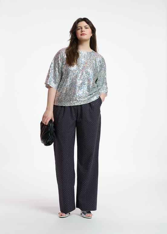 Pantalon bleu marine à fines rayures et strass