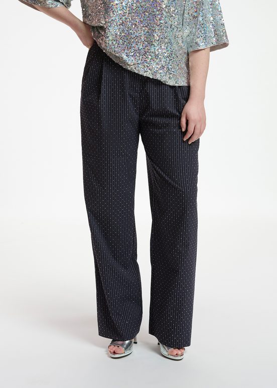 Navy blue pinstriped pants with rhinestone embellishments