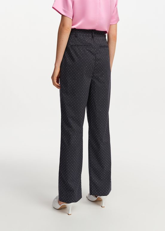 Navy blue pinstriped pants with rhinestone embellishments