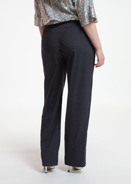 Navy blue pinstriped pants with rhinestone embellishments