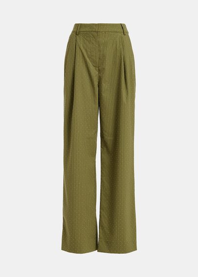 Khaki pinstriped pants with rhinestone embellishments