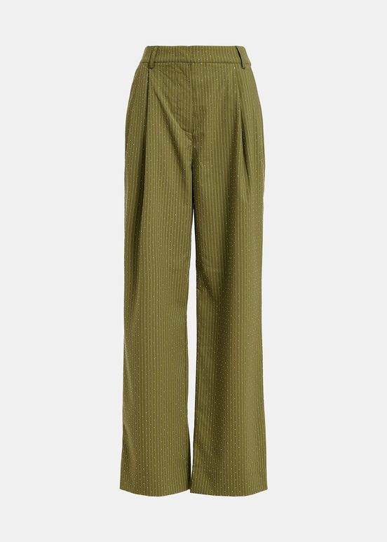 Khaki pinstriped pants with rhinestone embellishments