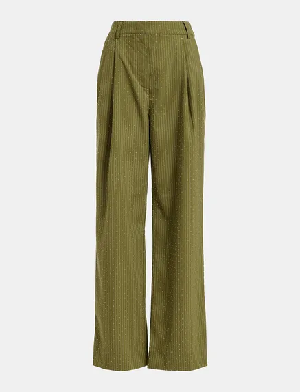 Khaki pinstriped pants with rhinestone embellishments