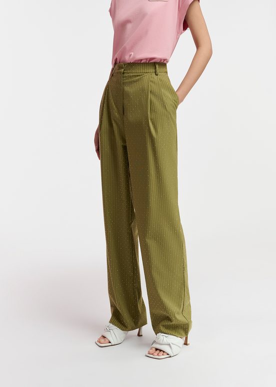 Khaki pinstriped pants with rhinestone embellishments