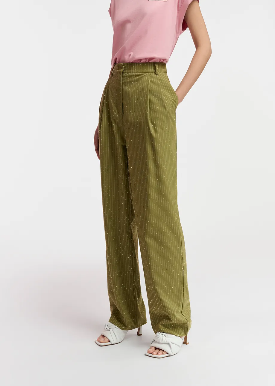 Kaki broek met pinstripes en stras