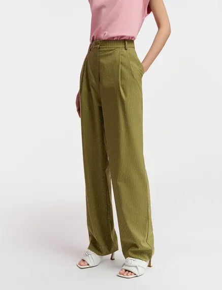 Khaki pinstriped pants with rhinestone embellishments