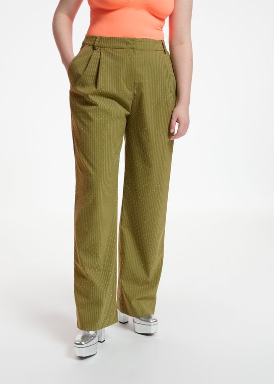 Khaki pinstriped pants with rhinestone embellishments