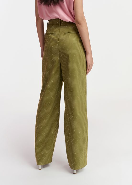 Khaki pinstriped pants with rhinestone embellishments