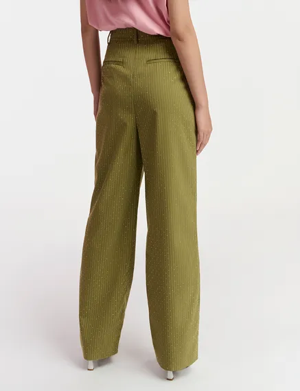 Khaki pinstriped pants with rhinestone embellishments