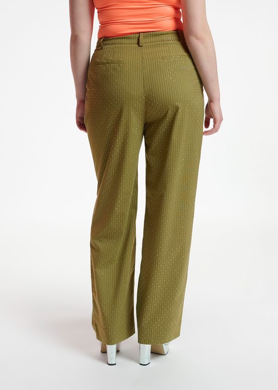 Khaki pinstriped pants with rhinestone embellishments