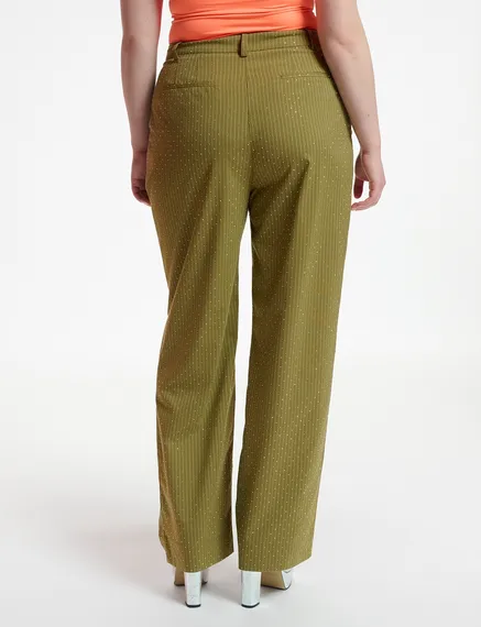 Khaki pinstriped pants with rhinestone embellishments