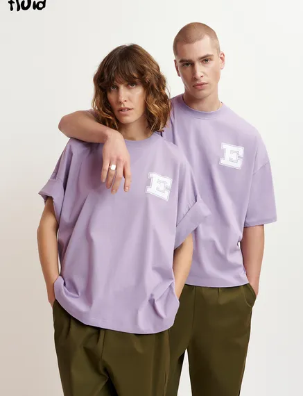 Lilac organic cotton T-shirt with 'E' print