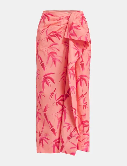 Peach cotton draped midi skirt with palm leaf print