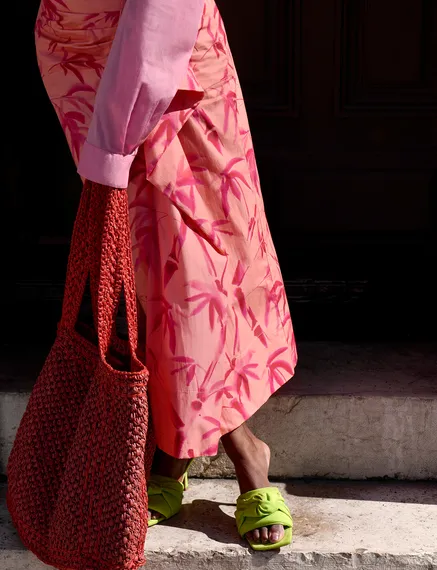 Peach cotton draped midi skirt with palm leaf print