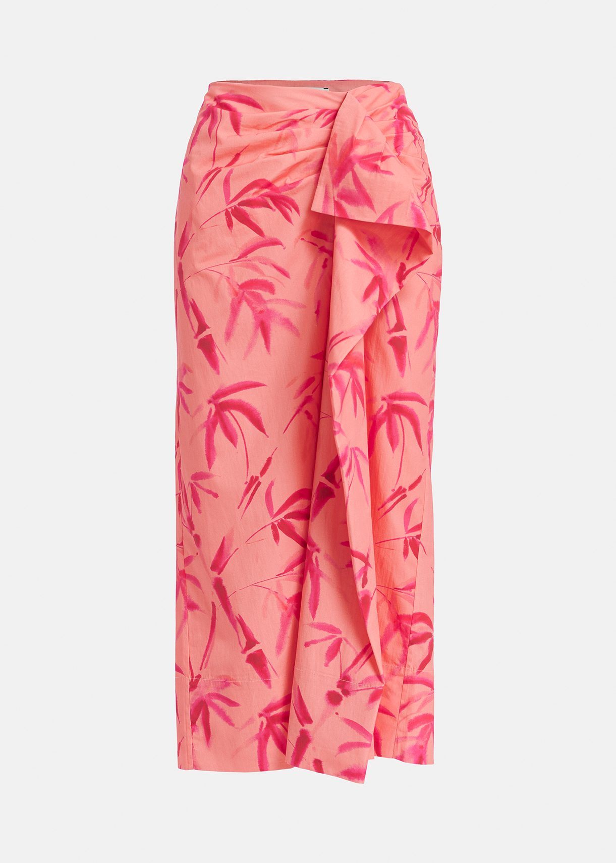 Peach cotton draped midi skirt with palm leaf print