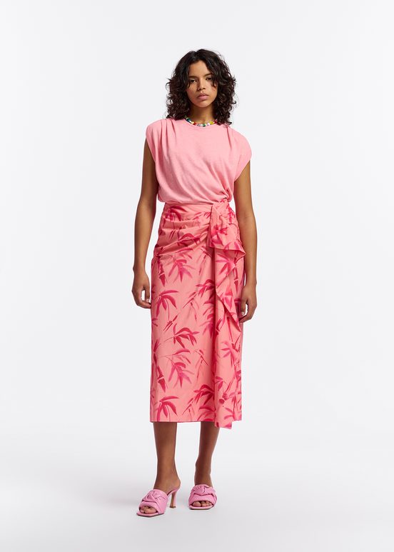 Peach cotton draped midi skirt with palm leaf print