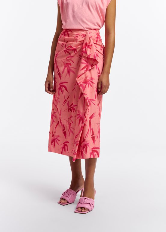 Peach cotton draped midi skirt with palm leaf print