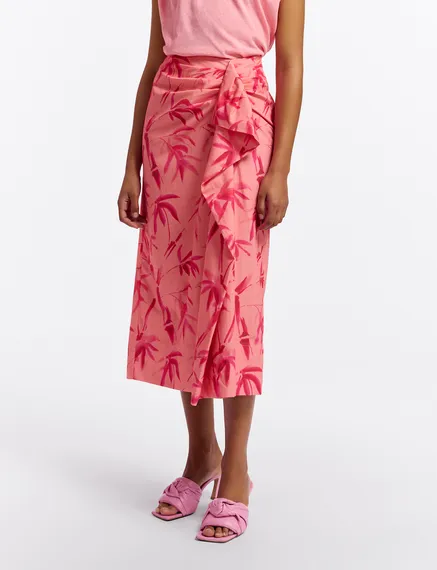 Peach cotton draped midi skirt with palm leaf print