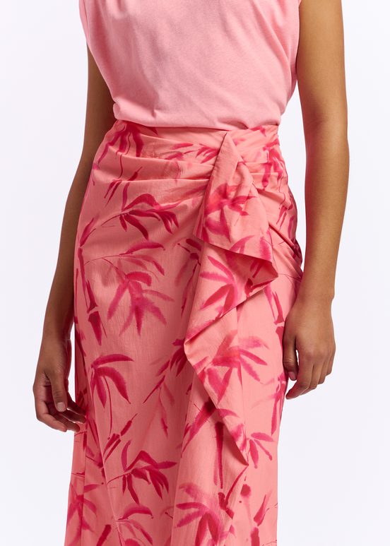 Peach cotton draped midi skirt with palm leaf print