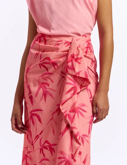 Peach cotton draped midi skirt with palm leaf print