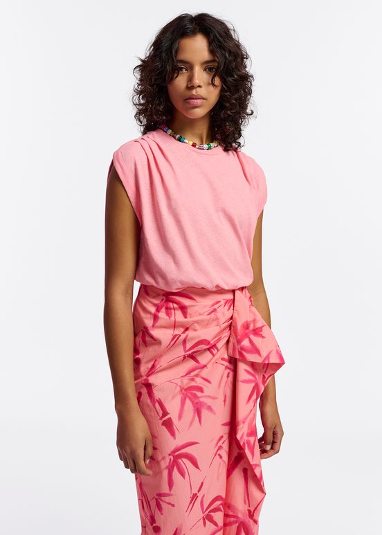 Peach cotton draped midi skirt with palm leaf print