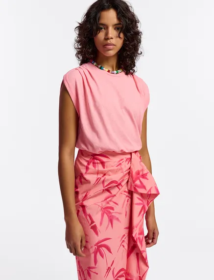 Peach cotton draped midi skirt with palm leaf print