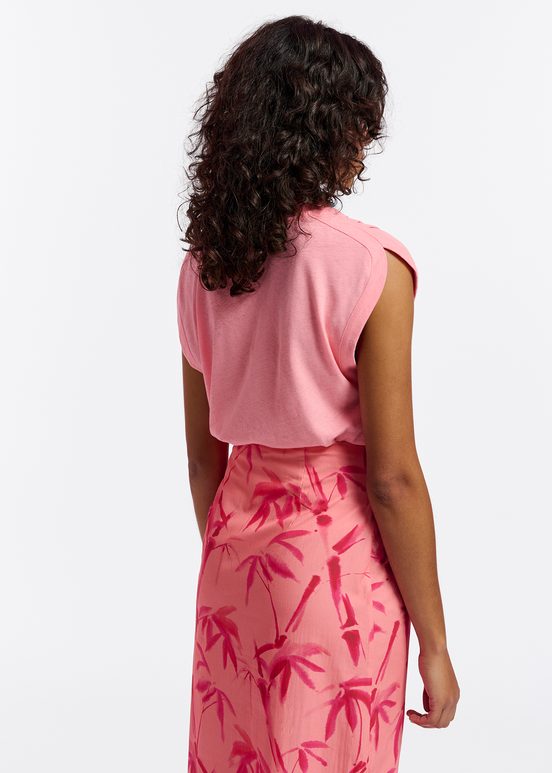 Peach cotton draped midi skirt with palm leaf print