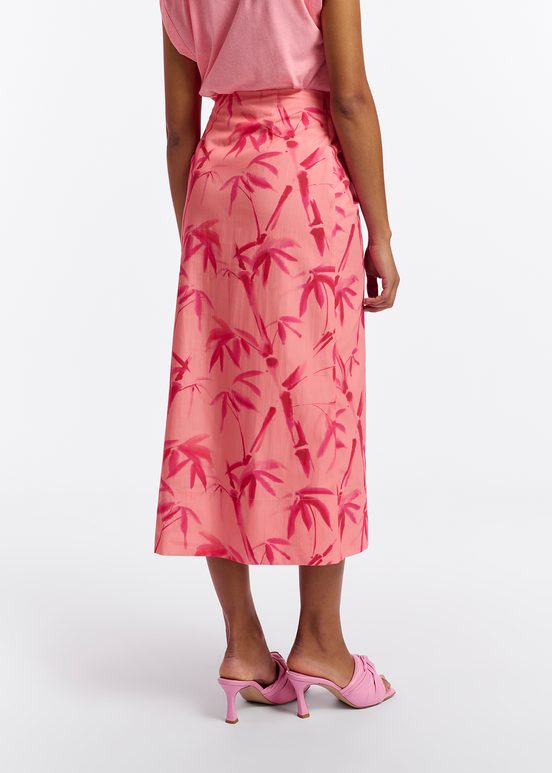 Peach cotton draped midi skirt with palm leaf print