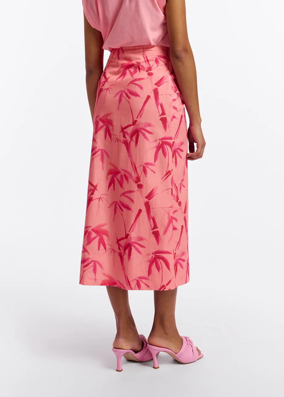 Peach cotton draped midi skirt with palm leaf print