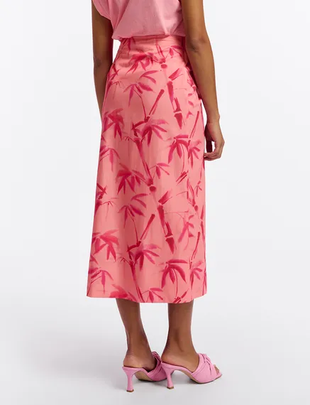 Peach cotton draped midi skirt with palm leaf print