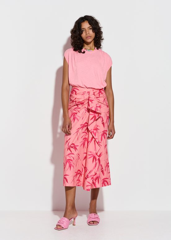 Peach cotton draped midi skirt with palm leaf print