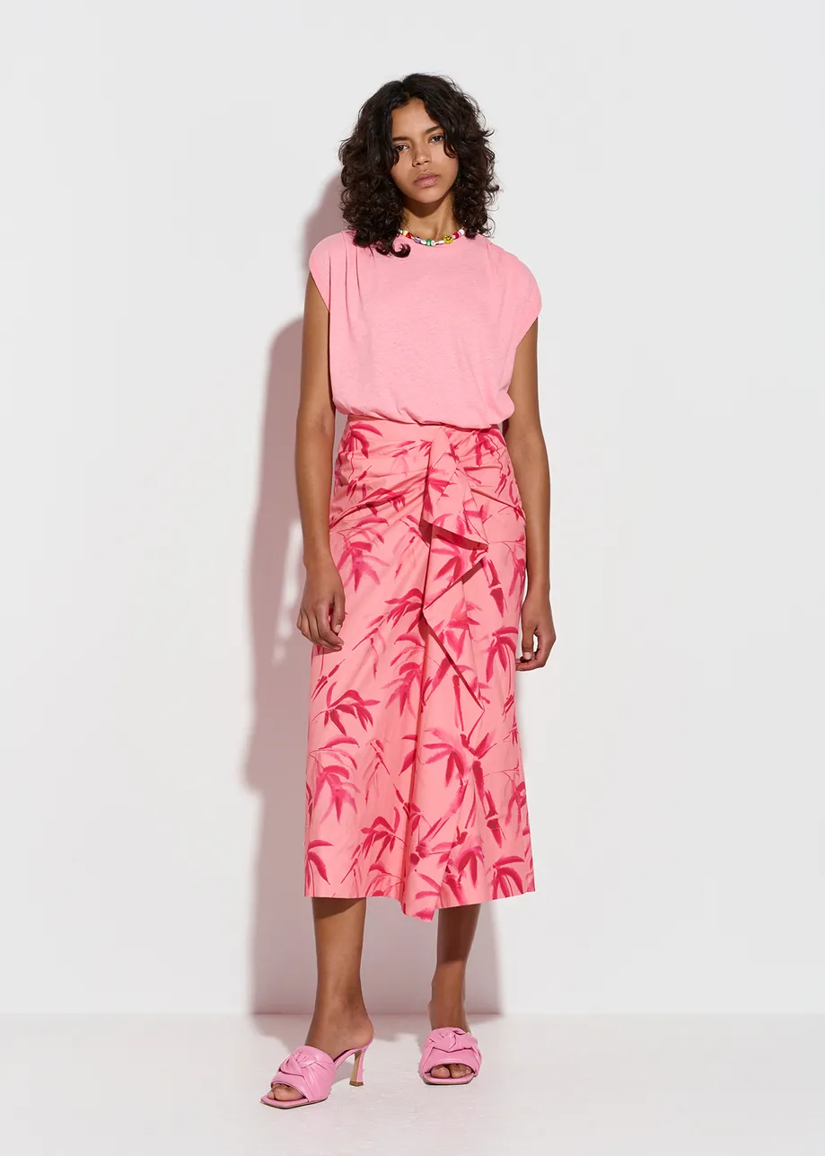 Peach cotton draped midi skirt with palm leaf print