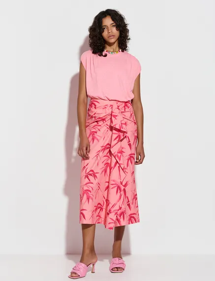 Peach cotton draped midi skirt with palm leaf print