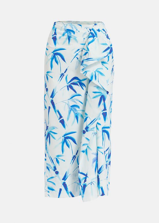 Off-white cotton draped midi skirt with palm leaf print