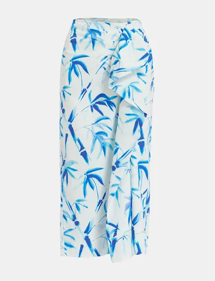 Off-white cotton draped midi skirt with palm leaf print