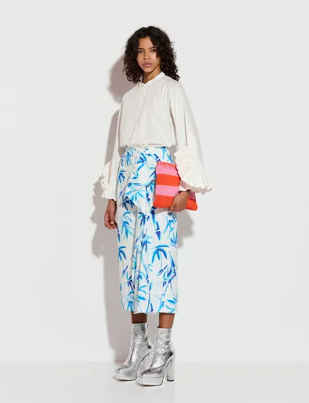 Off-white cotton draped midi skirt with palm leaf print