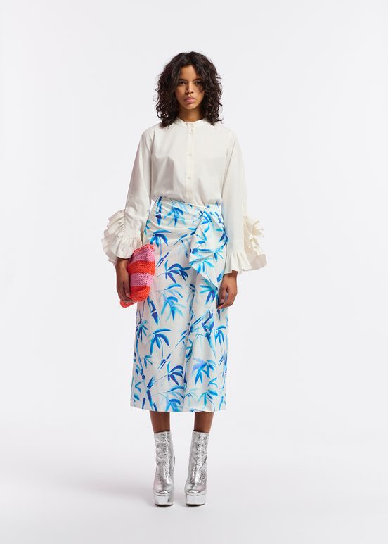 Off-white cotton draped midi skirt with palm leaf print