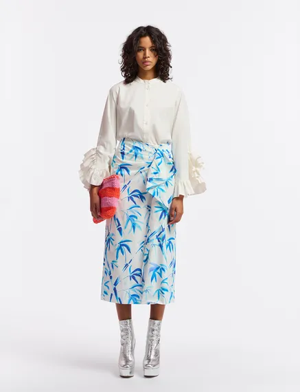 Off-white cotton draped midi skirt with palm leaf print