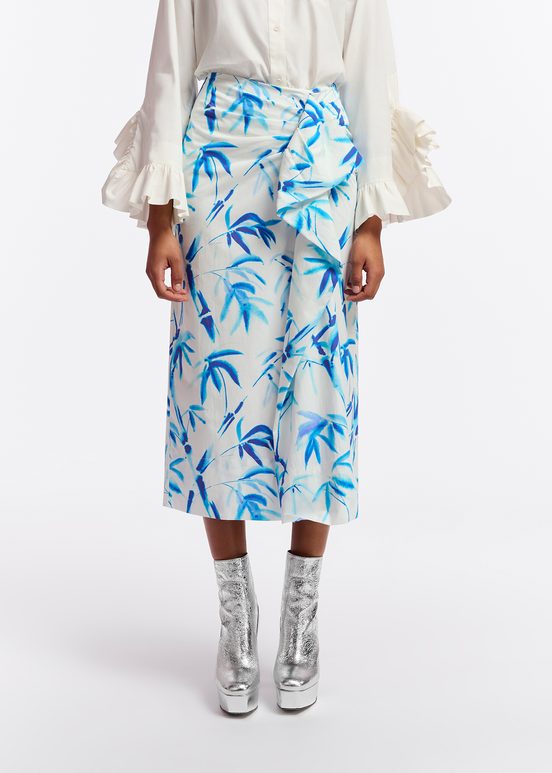 Off-white cotton draped midi skirt with palm leaf print