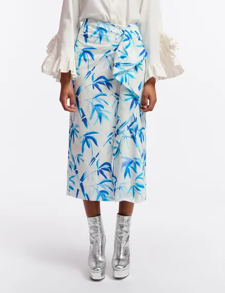 Off-white cotton draped midi skirt with palm leaf print