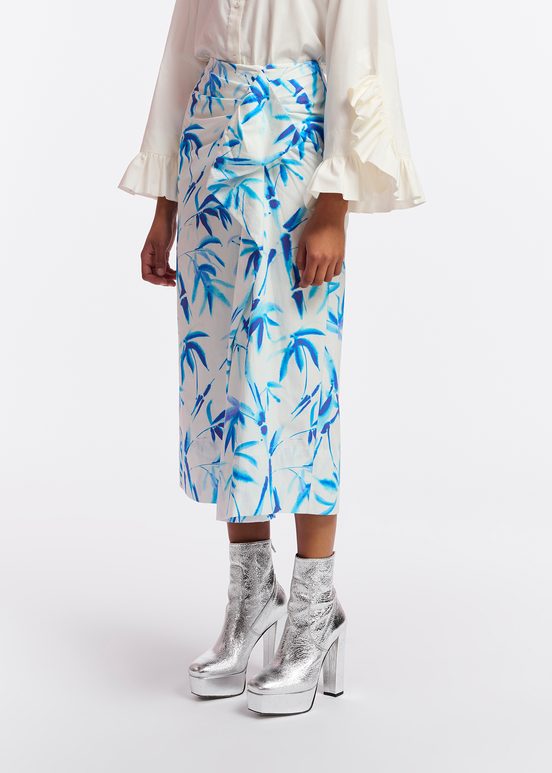 Off-white cotton draped midi skirt with palm leaf print