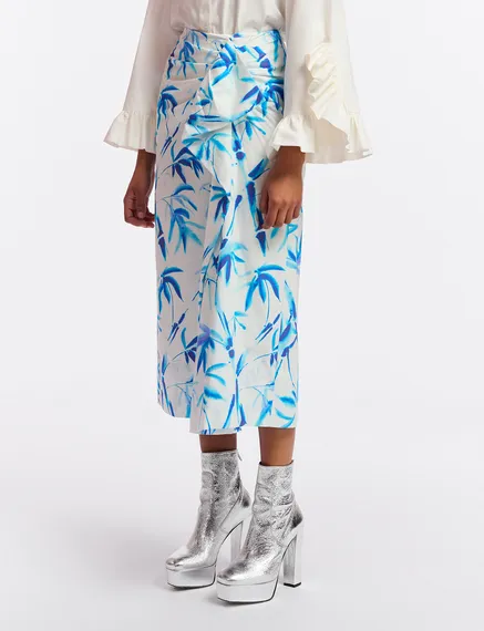 Off-white cotton draped midi skirt with palm leaf print