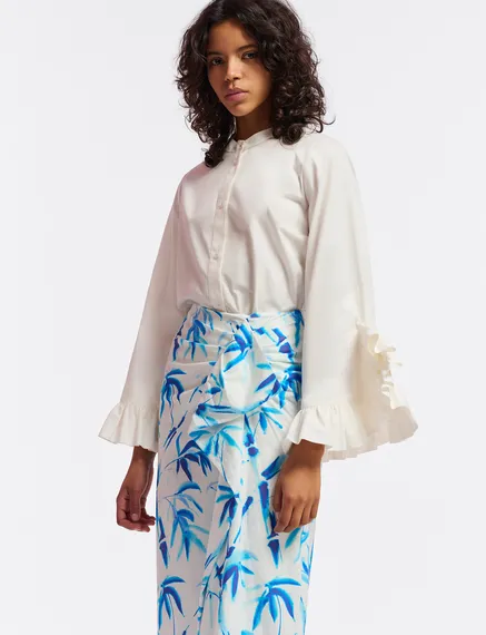 Off-white cotton draped midi skirt with palm leaf print