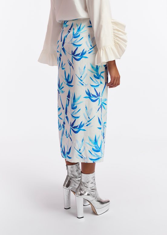 Off-white cotton draped midi skirt with palm leaf print