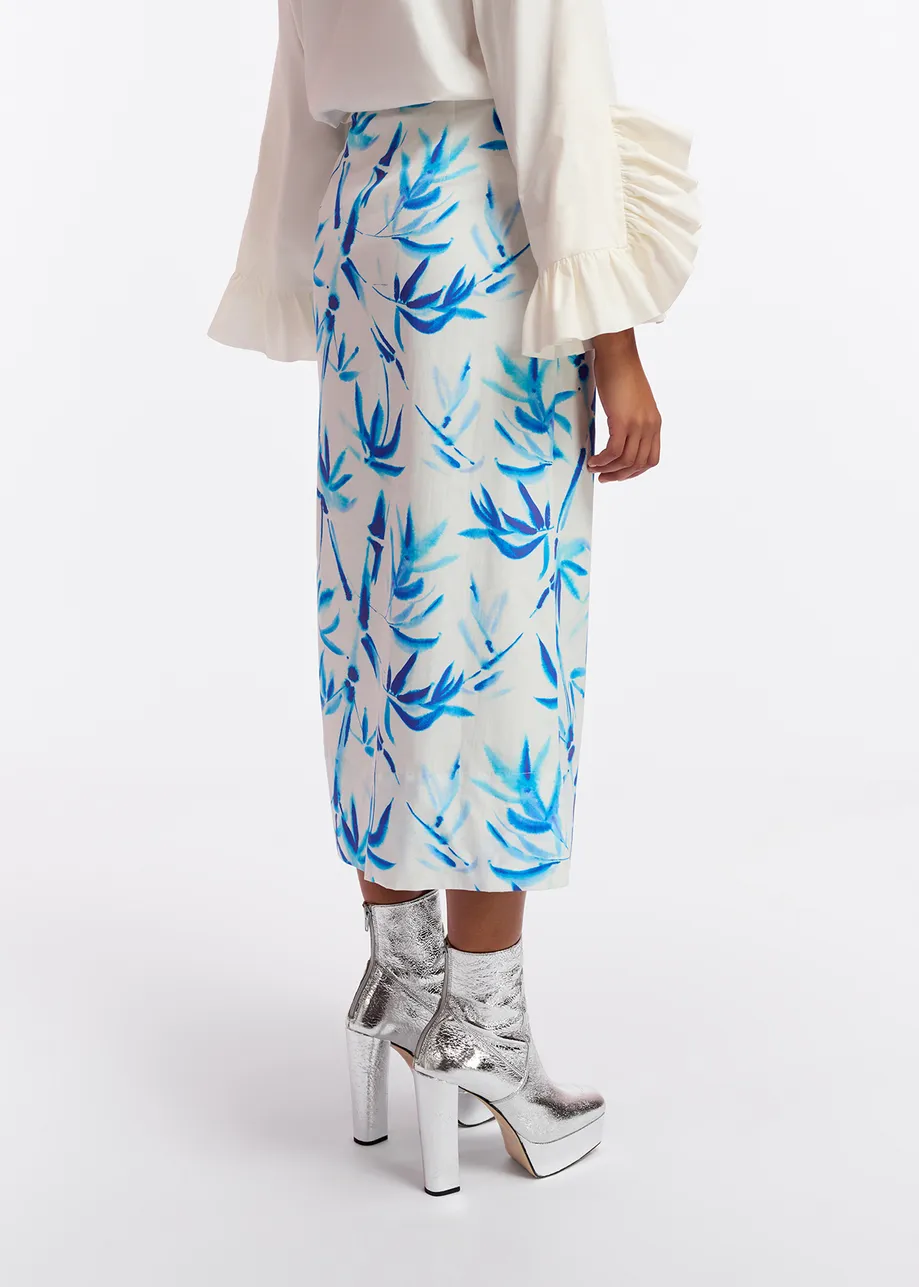 Off-white cotton draped midi skirt with palm leaf print