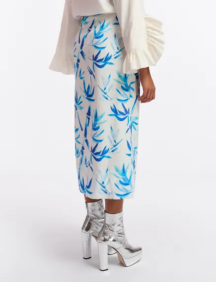 Off-white cotton draped midi skirt with palm leaf print