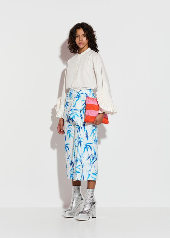 Off-white cotton draped midi skirt with palm leaf print