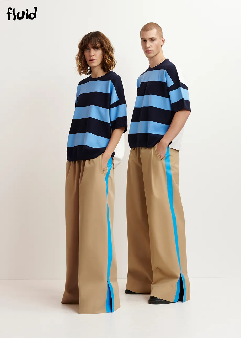 Beige wide-leg pants with blue stripes