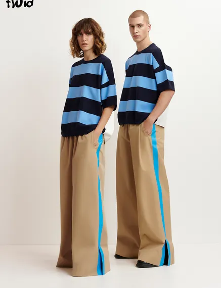 Beige wide-leg pants with blue stripes